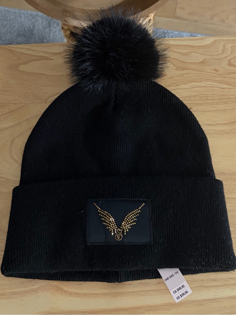Victoria’s Secret Black - Rhinestone Wings Pom Pom Knit Beanie